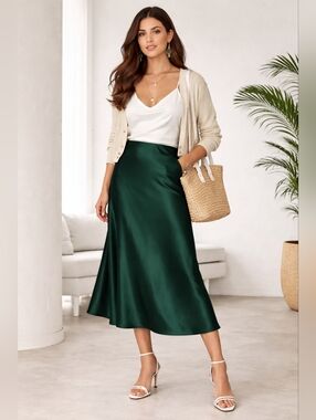 Ann Taylor Hunter Green Faux Satin Slip Skirt Medium NWT Elastic Waist Midi 34"